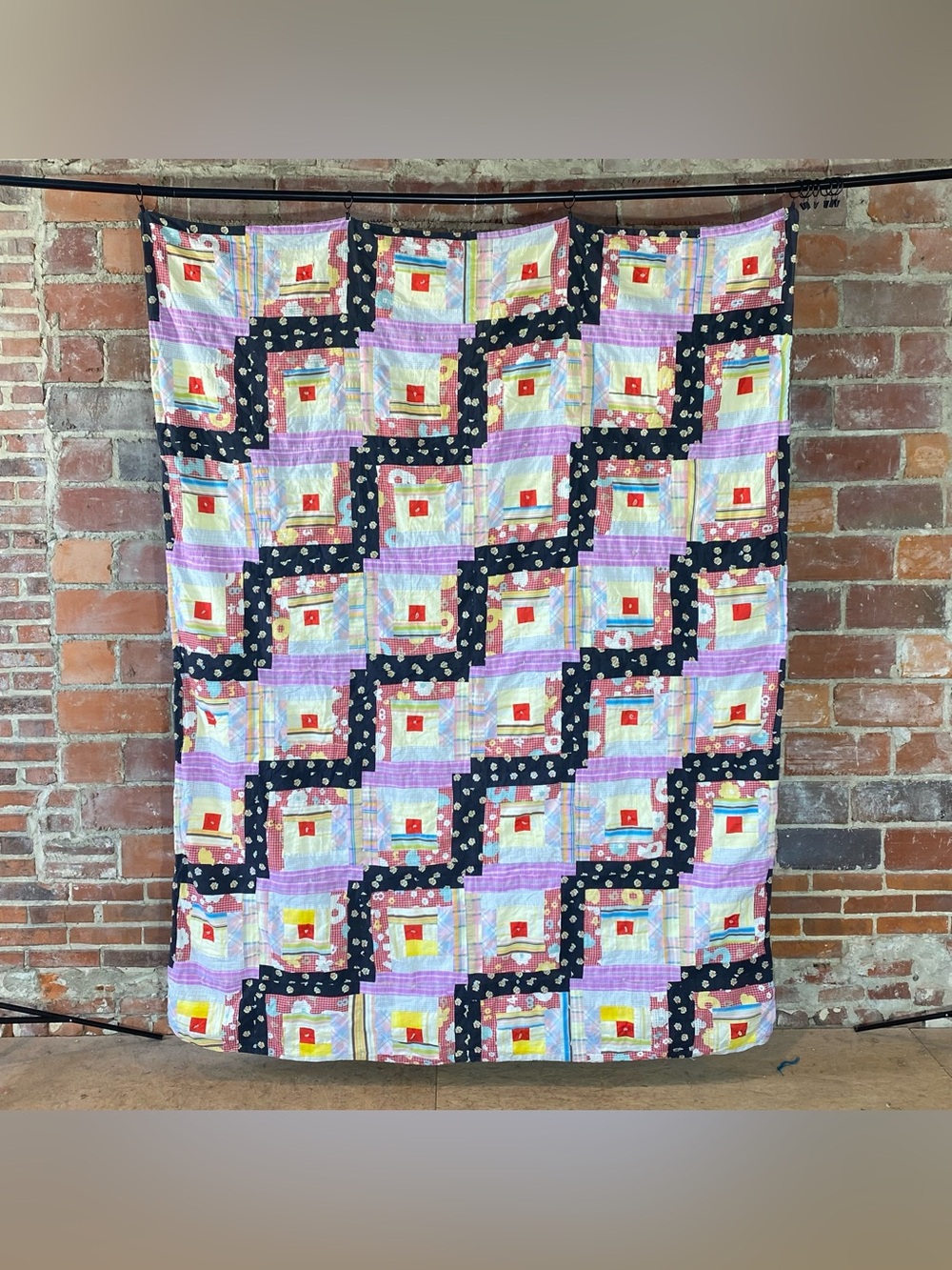 Vintage Log Cabin Tie Quilt 66” x 86”
